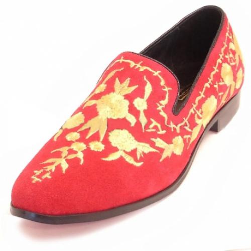 Fiesso Red Genuine Suede Loafer Shoes With Gold Embroidery FI6801